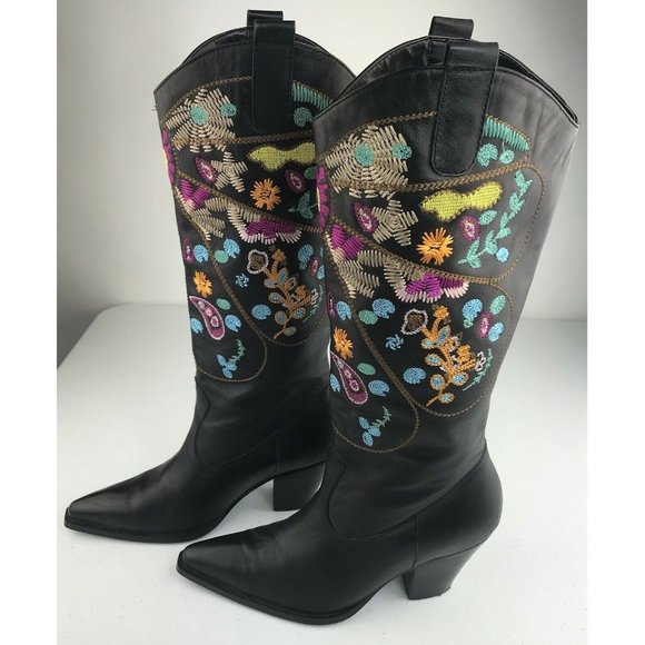 TWO LIPS Chessa Black Embroidered Western Style Leather Boots Sz 6.5 - Picture 1 of 7